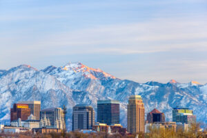 Salt Lake City Skyline against the snowy mountains